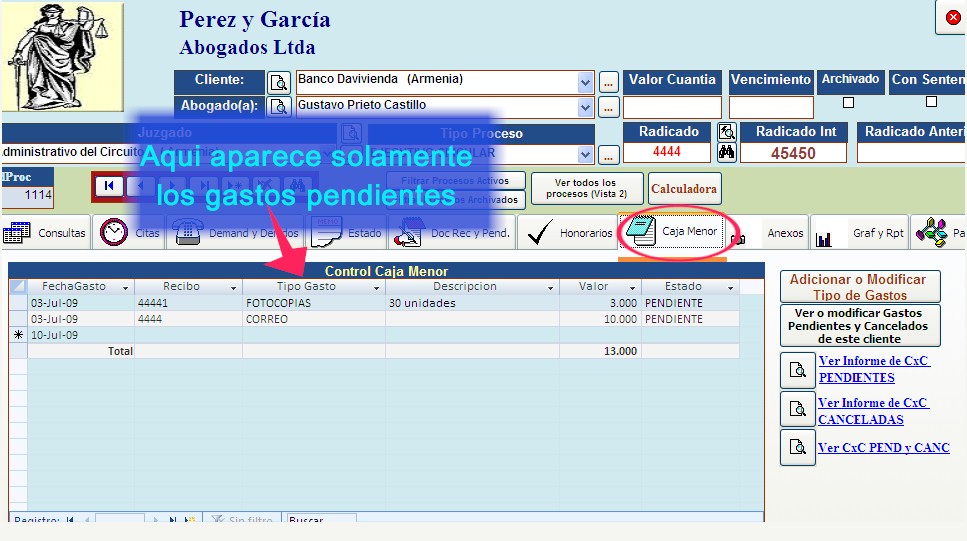 Control caja menor por cliente