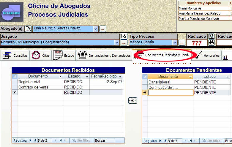 Control de documentos recibidos y pendientes