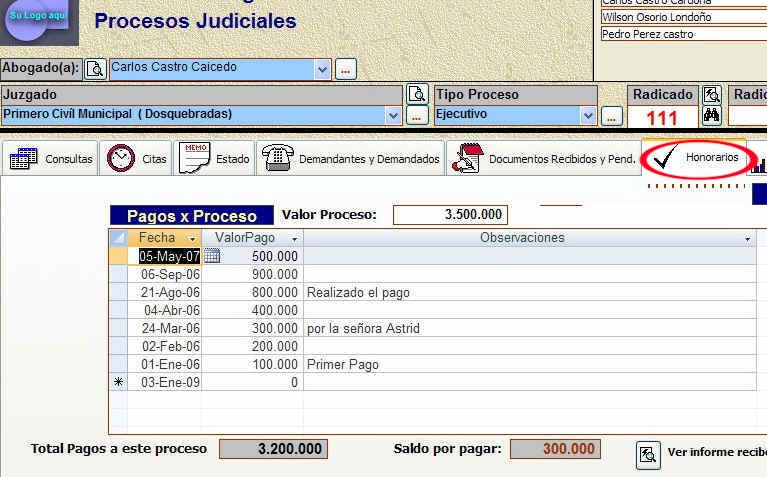 Control de Honorarios por cada proceso